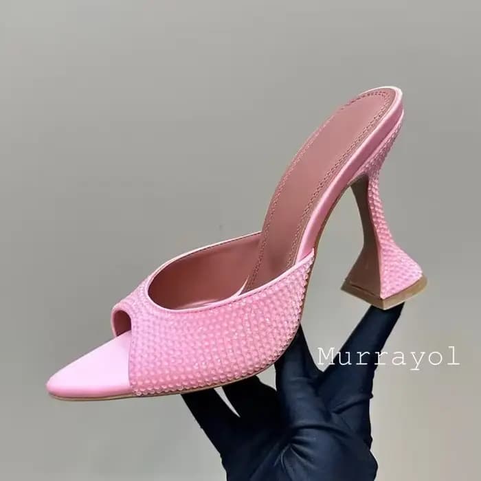 Nouveau strass décor couleur unie talons hauts pantoufles femmes bout pointu