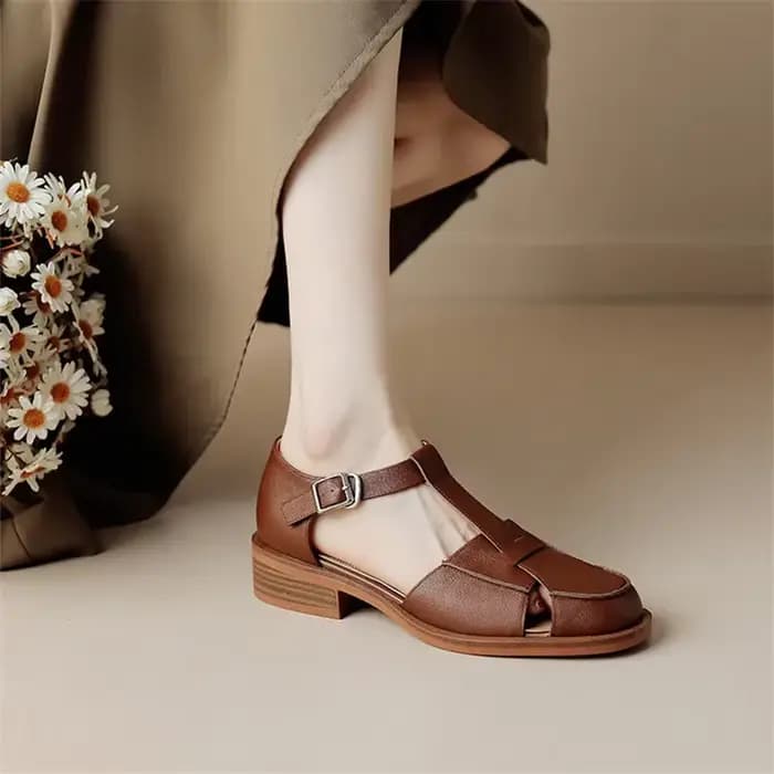 Sandales d'été 2023 en cuir de vachette à bout rond pour femme