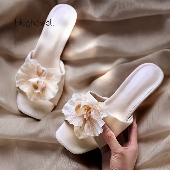 Élégant couleur nue papillon orchidée fleur Stiletto Mule glisser femme marque Design bout carré doux chaton talon pompe florale chaussure