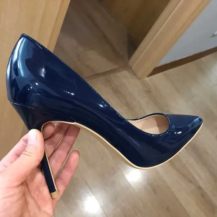 Tikicup femmes bleu marine brevet pompes coupe basse bout pointu talons aiguilles dames élégantes formelles sans lacet