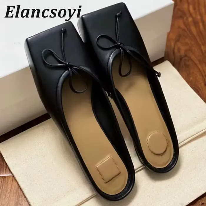 Printemps automne nœud décor mi talons demi pantoufles femmes bout carré chaton talons paresseux Mules chaussures loisirs de plein air vacances chaussures