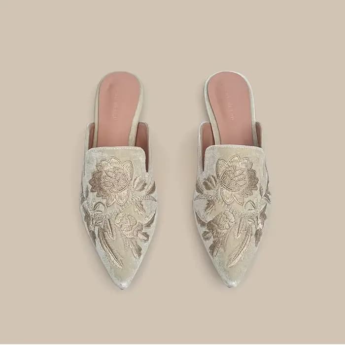 Velours broderie fleur Mules Femme chaussures élégantes pointu bout fermé pantoufles sans lacet chaussures plates diapositives Femmes Pantuflas Sandalias