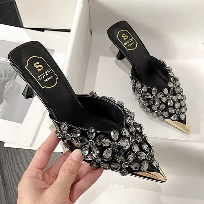 Strass de luxe bout pointu Mules pompes femmes pantoufles été nouvelle mode diapositives concepteur sandales à talons