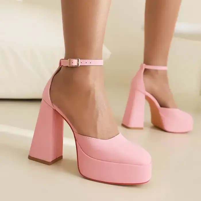 Sandales à talons hauts épais Orange rose bout carré Sexy dame fête mariage bride à la cheville pompes Mary Janes