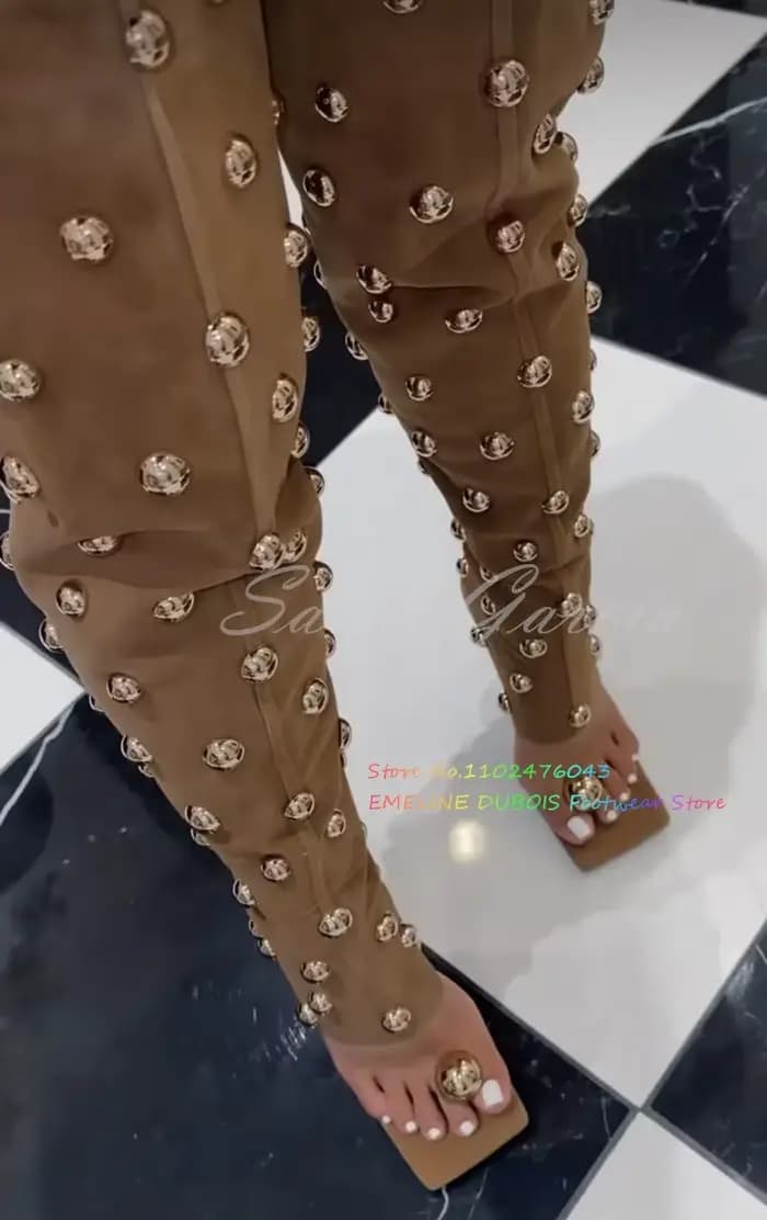 Rivets en métal doré embellissement botte à talons hauts femmes Denim bout carré talon aiguille dos fermeture éclair tongs cuissardes