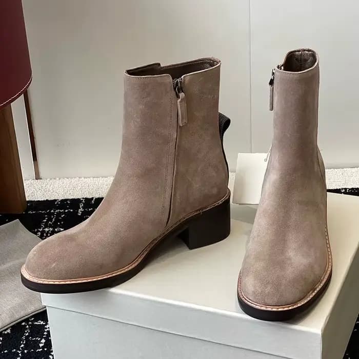 Femmes gros talon haut bottes courtes en cuir véritable bout rond fermeture éclair conception cheville Botas dames