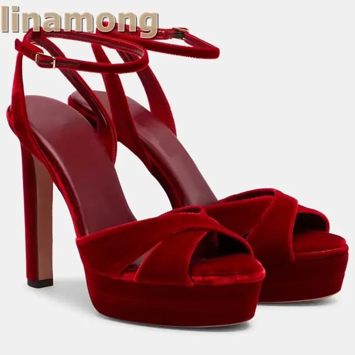 Sandales à talons plateforme en velours bordeaux pour femmes, chaussures à lanières croisées, imprimé léopard, talons hauts, chaussures de luxe de styliste en daim solides