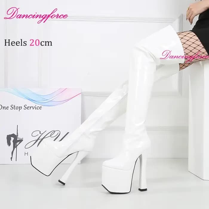 Noir Sexy 20 cm bloc talons sur genou cuissardes plate-forme épaisse marque de luxe discothèque reine chaussures femmes grande taille EU36-46