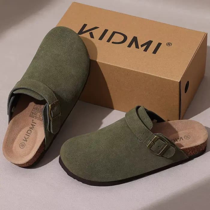 Asgard Sabots en cuir véritable pour femme avec semelle en liège souple Mules en daim de vache avec sangle réglable Pantoufles confortables à enfiler à la mode