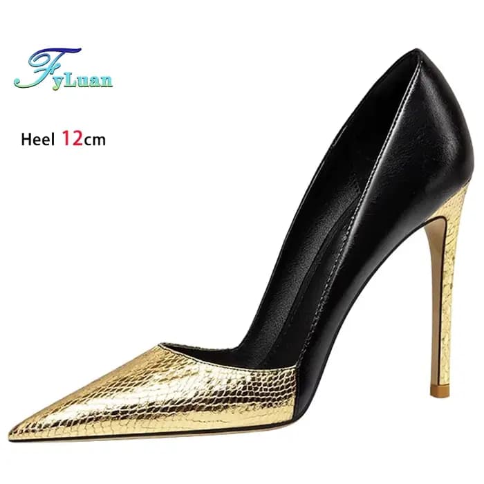 2025 noir doré talons hauts 12 cm 10 cm 8 cm chaussures pour femmes talons fins tête pointue dames pompes bouche peu profonde Stiletto chaussures de fête
