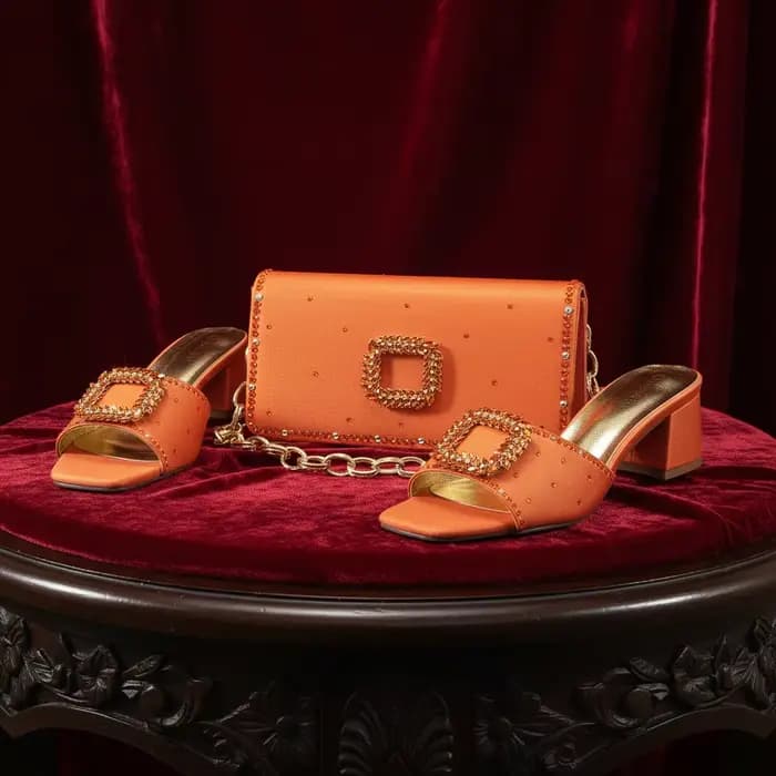 Ensemble élégant de chaussures et de sac de soirée pour femmes, design italien, sandales à talons hauts à bout ouvert avec strass orange, parfaites pour les mariages