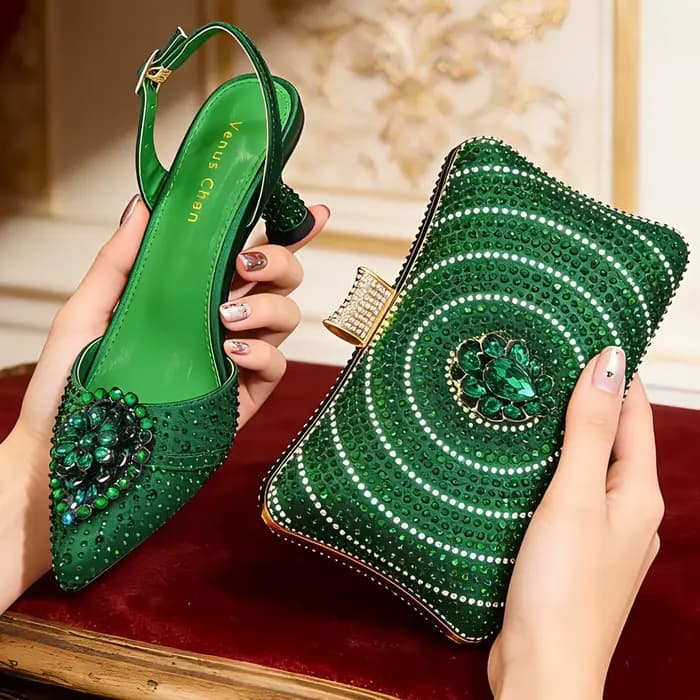 Ensemble élégant de talons hauts et sac en strass vert - Mode africaine tendance pour femmes - Dernier design de style INS