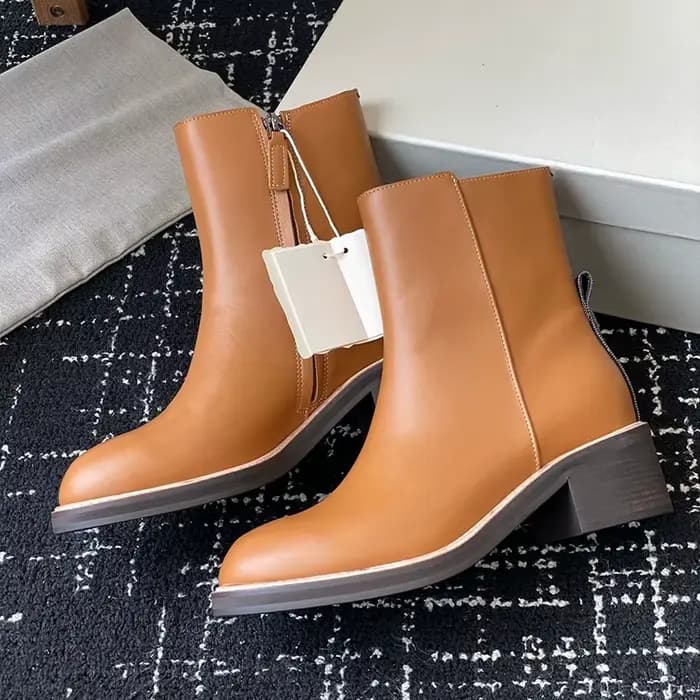 Femmes gros talon haut bottes courtes en cuir véritable bout rond fermeture éclair conception cheville Botas dames