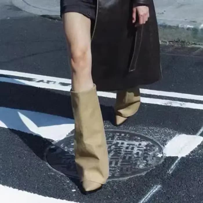 Femmes bottes genou talons hauts en cuir grosses chaussures de mode bout pointu neige