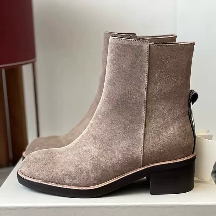 Femmes gros talon haut bottes courtes en cuir véritable bout rond fermeture éclair conception cheville Botas dames