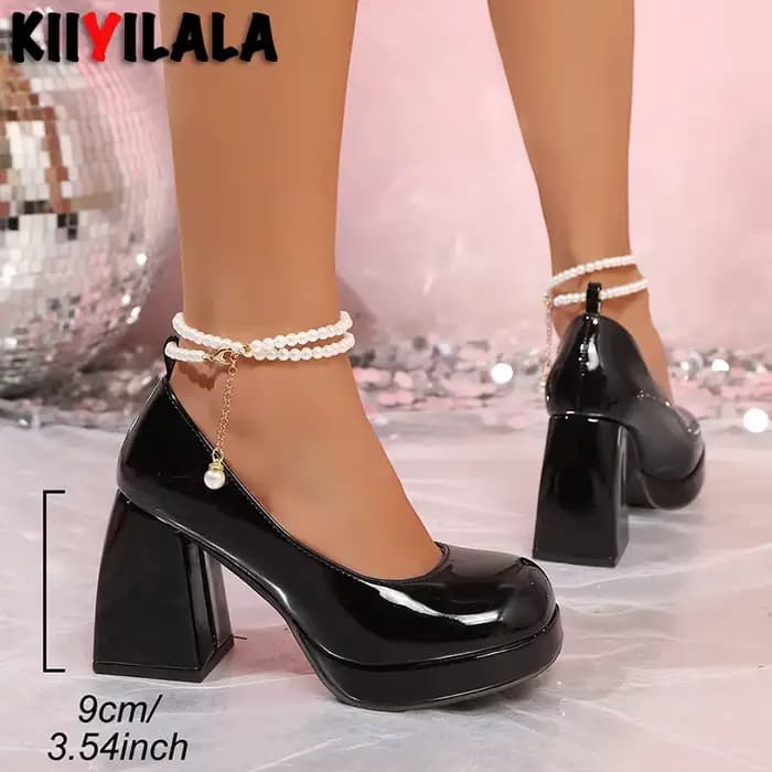 Escarpins à plateforme avec petite chaîne de perles, talons de 5.5cm, talon épais de 3.54 pouces, chaussures de danse Disco à bout pointu, talons hauts, grande taille 34-44