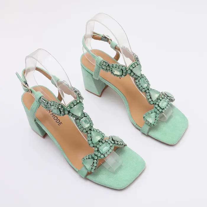 Glamour rose/vert pierres précieuses sandales à talons hauts femmes élégantes strass bride à la cheville chaussures de fête de mariage