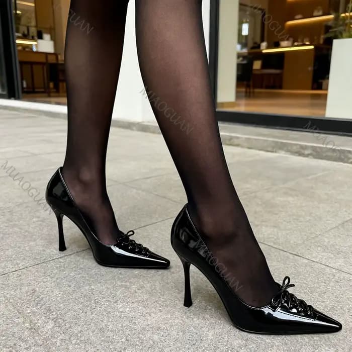 Escarpins sexy à lacets et nœuds, talons fins, en cuir noir, élégants pour femmes, pour fêtes et mariages