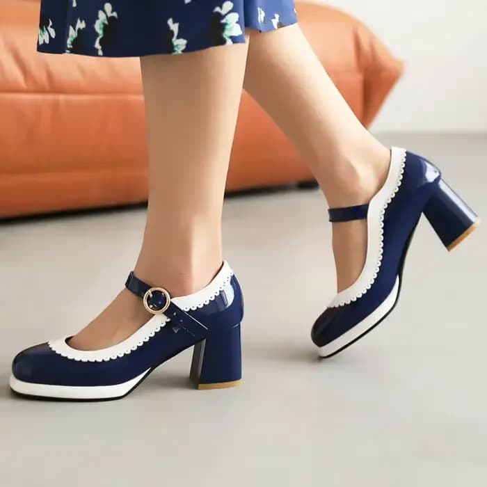 Bleu marine rose rétro Vintage dames pompes Brogue Design Laser découpe bordure carré talons épais taille 33-43 femmes Mary Janes chaussures