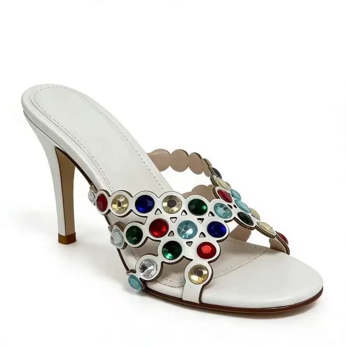 Mules à talons mi-hauts en cuir blanc pour femme