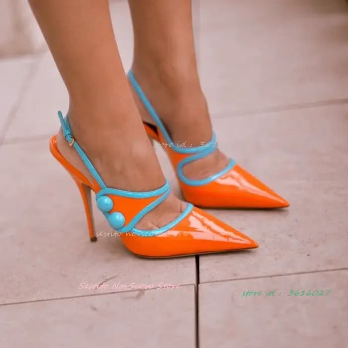 Bout pointu sandales orange talons aiguilles sangles de cou-de-pied boucle escarpins multicolores sangle arrière été Sexy femmes chaussures peu profondes