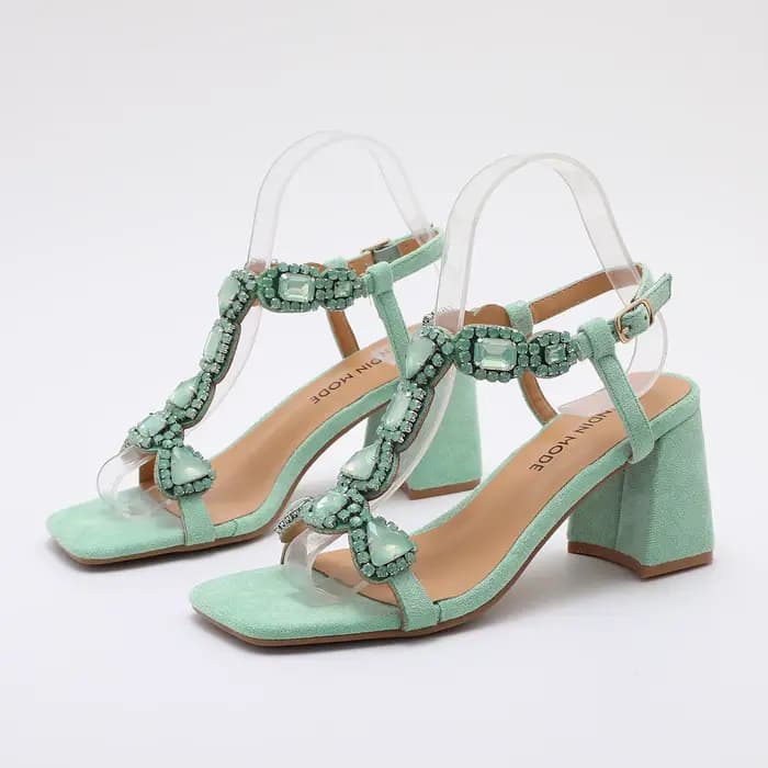 Glamour rose/vert pierres précieuses sandales à talons hauts femmes élégantes strass bride à la cheville chaussures de fête de mariage