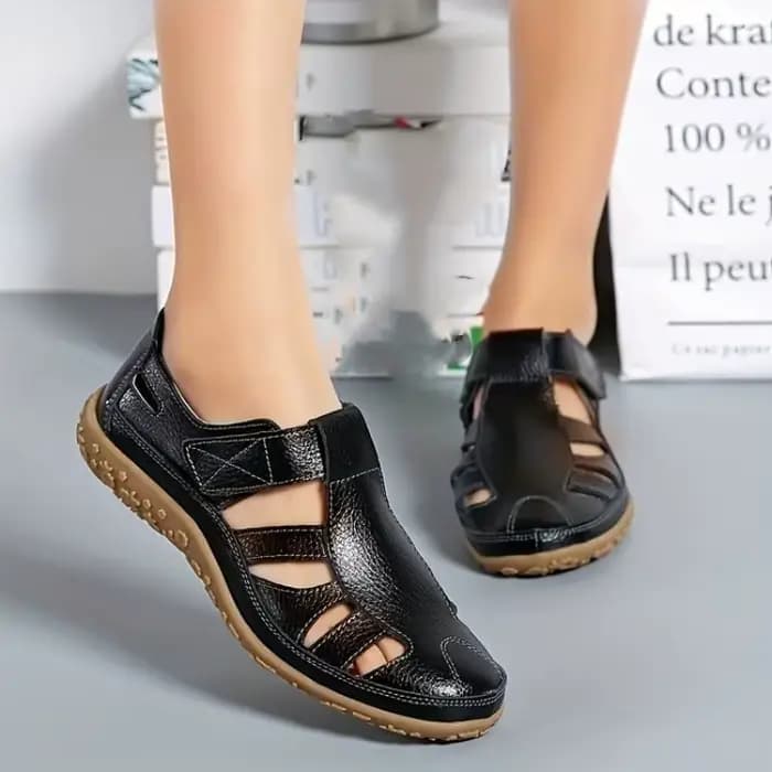Sandales plates pour femmes, style pêcheur, bout rond, aspect cuir, avec fermeture auto-agrippante, découpes, décontractées, pour la marche quotidienne, l'été et les voyages
