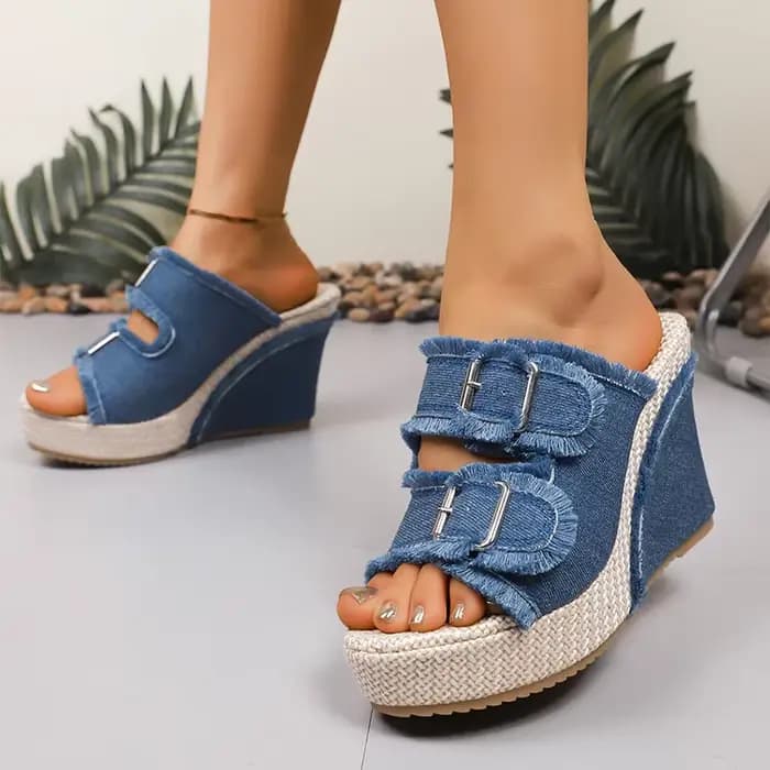 Sandales à talons compensés en Denim bleu pour femmes