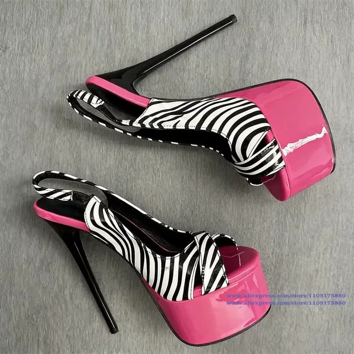 Chaussures à talons hauts à plateforme à imprimé zèbre rose vif pour femmes