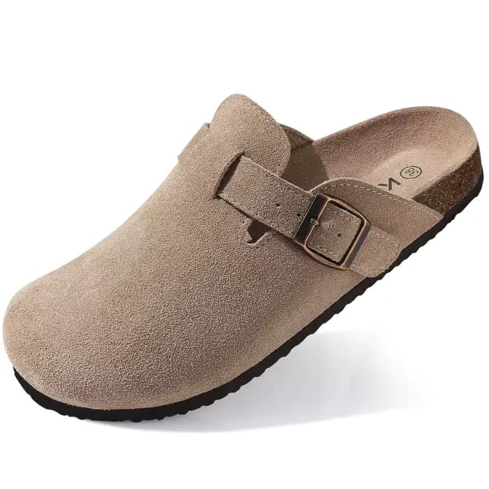 Evshine Sabots en daim de vache pour femmes avec soutien de la voûte plantaire Mules de lit en liège confortables Chaussures de pomme de terre à la mode pour hommes Sabots en liège véritable Pantoufle