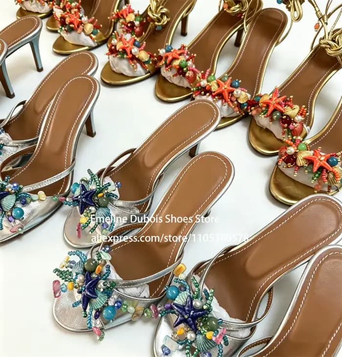 Sandales à talons hauts en forme d'étoile de mer et coquillage, mules à talons aiguilles perlées colorées, chaussures d'été pour femme pour la plage, les fêtes et les vacances