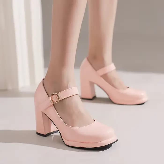 PU cuir verni vert bleu marine bout fermé dames matures pompes de bureau boucle sangle Vintage femmes Mary Janes chaussures bloc talons