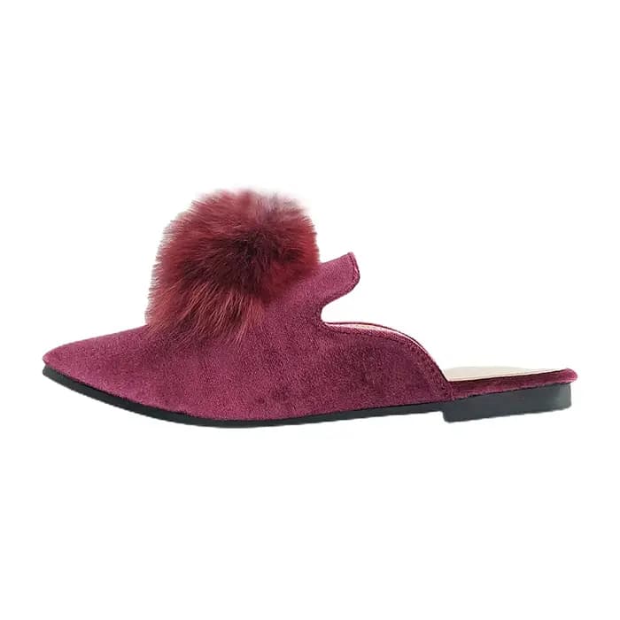 Femmes Mules bout pointu troupeau cuir grande boule de fourrure 2025 printemps été pantoufles élégantes