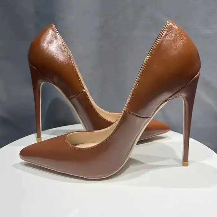 Premium élégant femmes Sexy 12 cm OL bureau robe de soirée pompes dame bout pointu talons aiguilles mat marron cuir