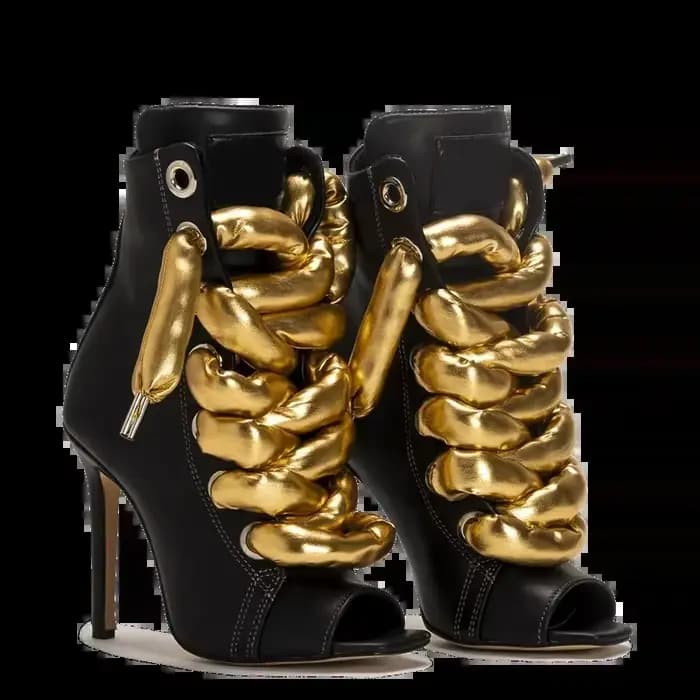 Nouvelles Bottines Sexy à Bout Ouvert et Talon Carré Épais, Style Patchwork Croisé, Chaussures de Défilé Tendance pour Femmes