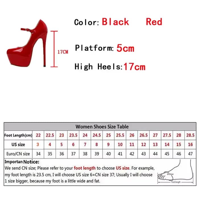 Escarpins à plateforme en cuir verni pour femmes, chaussures Sexy à talons hauts rouges de 17cm, à bout rond avec sangle à boucle, pour soirée de mariage