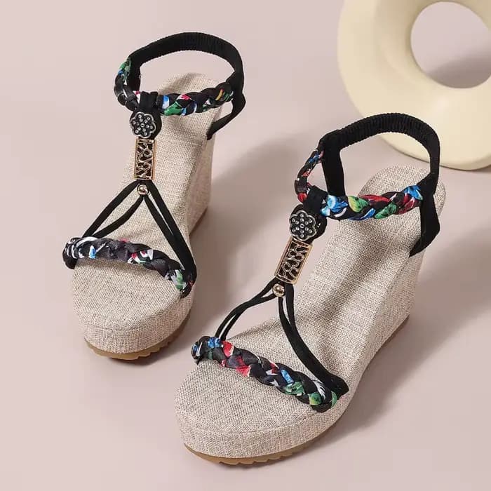 Sandales compensées bohèmes 2026 – Nouvelle collection été – Chaussures décontractées d'extérieur de créateur pour femme – Sandales à plateforme à bout ouvert avec bande élastique