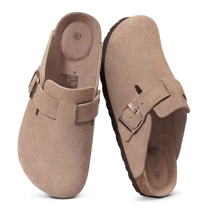Evshine Sabots en daim de vache pour femmes avec soutien de la voûte plantaire Mules de lit en liège confortables Chaussures de pomme de terre à la mode pour hommes Sabots en liège véritable Pantoufle