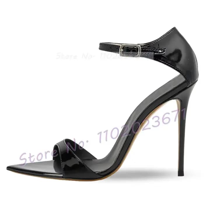 Sandales à lanières avant pointues pour femmes, cuir verni noir, talon aiguille, chaussures de bureau sexy, talon couvert de luxe, sandales à la mode pour dames