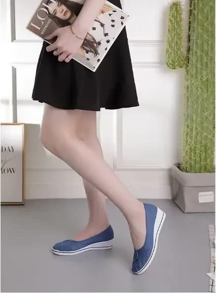 Chaussures en toile à talon incliné pour femmes, chaussures de travail décontractées, bouche peu profonde, semelle souple, anti-odeur, respirant, grill, bleu denim