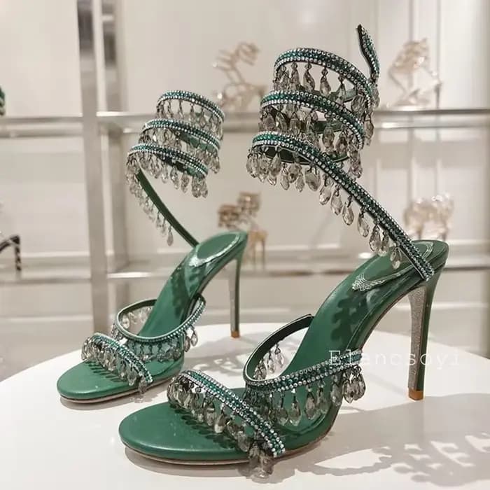Mode talons hauts sandales femmes cristal chaîne perle serpent en forme enroulement chaussures de mariage été