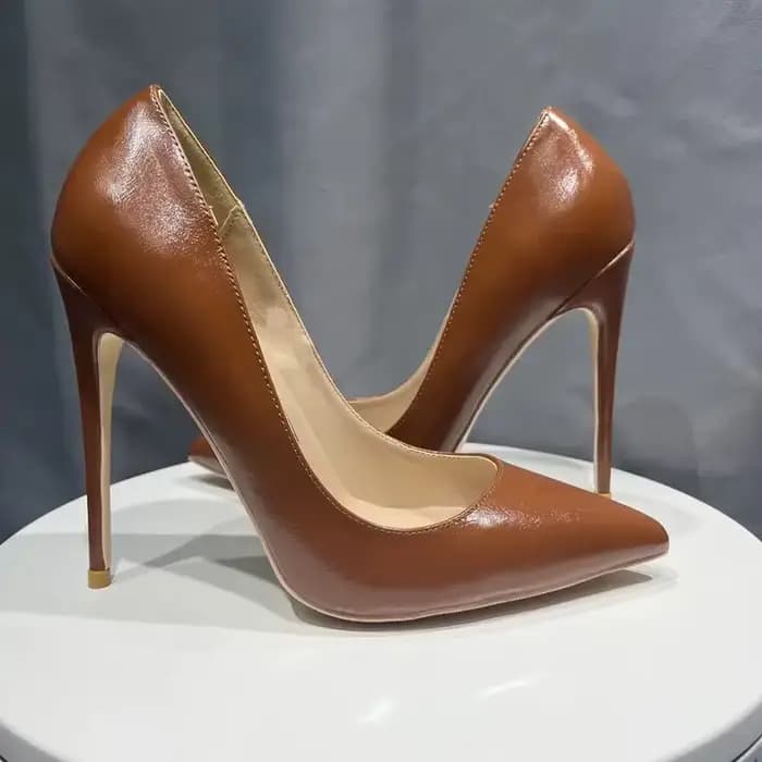 Premium élégant femmes Sexy 12 cm OL bureau robe de soirée pompes dame bout pointu talons aiguilles mat marron cuir