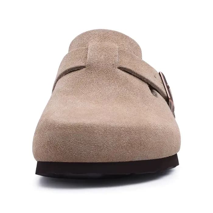 Evshine Sabots en daim de vache pour femmes avec soutien de la voûte plantaire Mules de lit en liège confortables Chaussures de pomme de terre à la mode pour hommes Sabots en liège véritable Pantoufle