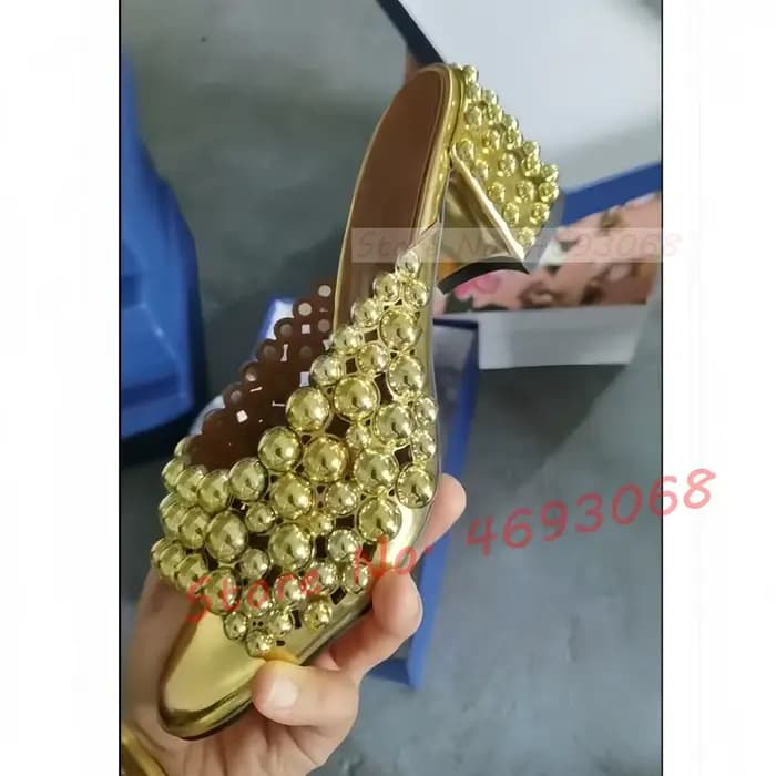 Pantoufles à talons bloc avec Rivets en métal doré pour femmes