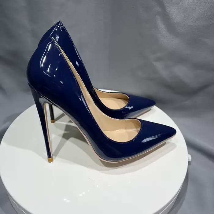 Tikicup femmes bleu marine brevet pompes coupe basse bout pointu talons aiguilles dames élégantes formelles sans lacet