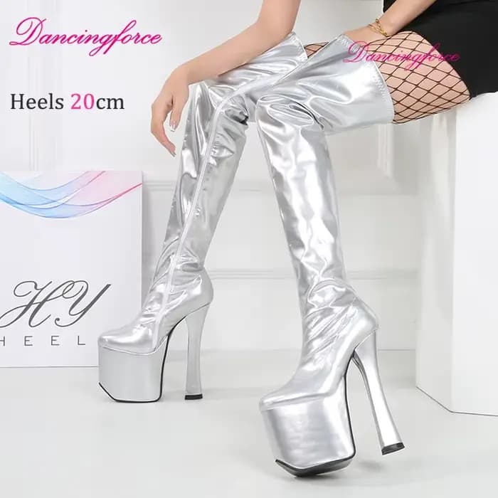 Noir Sexy 20 cm bloc talons sur genou cuissardes plate-forme épaisse marque de luxe discothèque reine chaussures femmes grande taille EU36-46