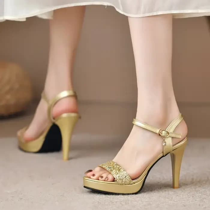 Sandales à Talons Hauts à Paillettes Dorées et Argentées pour Femme