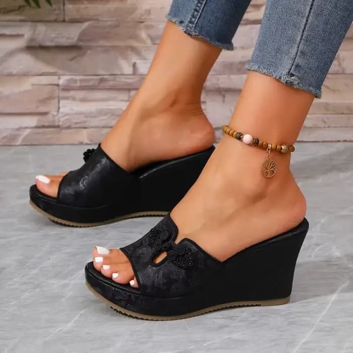 Mules pour femmes à bout ouvert, à enfiler, à talon compensé haut, plateforme, avec appliques nouées et découpes, dessus texturé, chaussures décontractées pour le quotidien