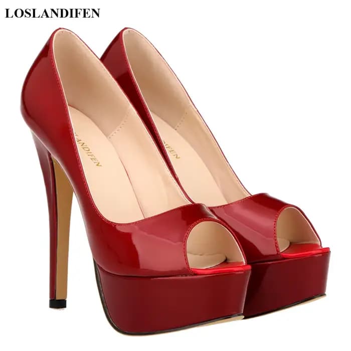 LOSLANDIFEN chaussures femmes en cuir verni noir bleu rouge talons aiguilles pompes de mariage Sexy plate-forme dames Peep Toe chaussure de fête 2025