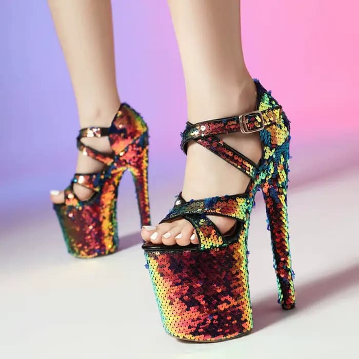 Sandales pour femmes à talons hauts brillants, bout ouvert, sexy, pour soirée, mariage, chaussures de mariée, sandales de danse à plateforme avec boucle croisée 197-3